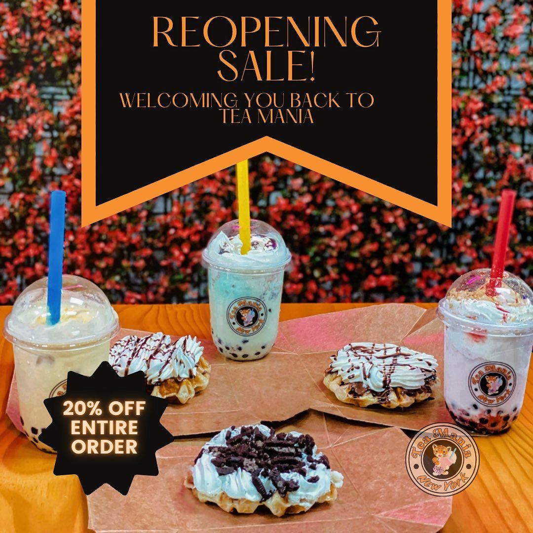 Tea Mania is back‼️ We are open again for business starting from 5pm tomorrow, May 20th and ready to welcome our customers with delicious bubble tea, croffles, smoothies, and more! Our new 12pm to 10pm hours will resume May 21st. As a welcome back gift, we are giving 20% off your entire order starting from tomorrow May 20th to May 27th! Don’t miss out, there’s plenty of options for everyone 🎉🎉🧋🧋